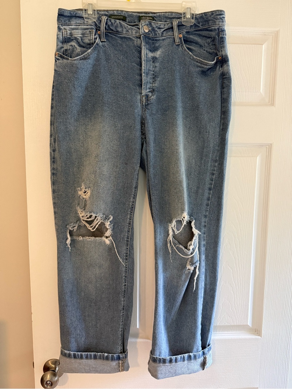 High-Rise Ripped Mid-Blue Denim Jeans